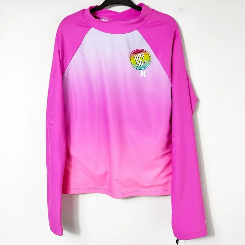HURLEY GIRLS' LONG SLEEVE PINK OMBRE SWIMMING RASH GUARD SIZE 10 UPF50+ NWT